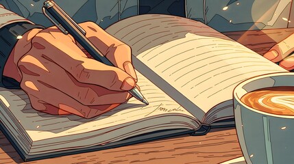 Close-up of a person's hand writing in a journal, coffee cup nearby