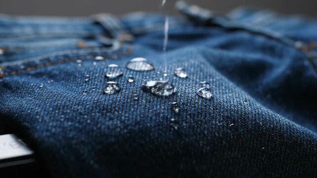 Close-up of water drops on blue denim, showcasing waterproof fabric and material texture.