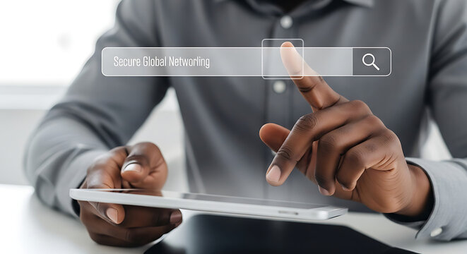 African American man using a digital tablet with a search bar overlay.