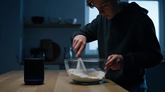 Teenager baking with flour and eggs in kitchen near smart home device.