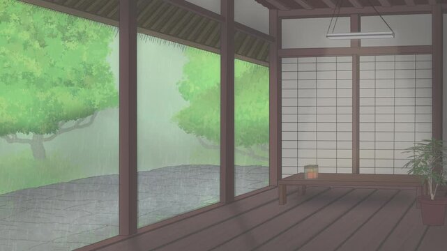 Japanese rainy temple, beautiful endless looped animation, perfect for yt channels, handmade drawing and animation, anime aesthetic, horizontal video 4K UHD desktop wallpaper 