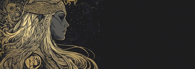 Old Norse lady banner featuring Freyja, the goddess of love and fertility.