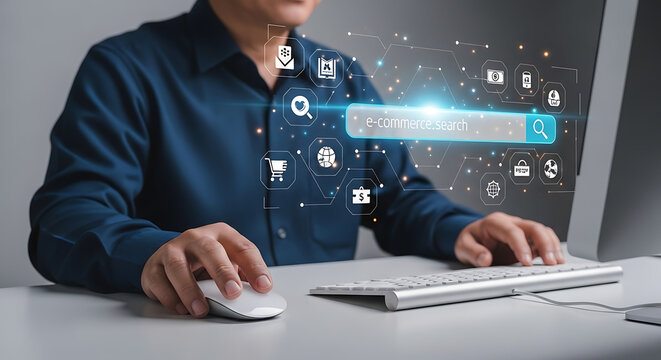 Man using computer with search bar and digital icons for online browsing.