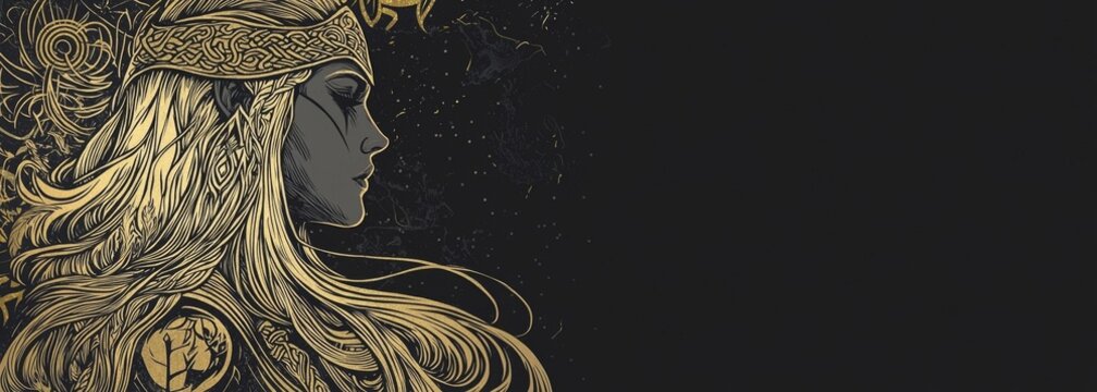 Old Norse lady banner featuring Freyja, the goddess of love and fertility.