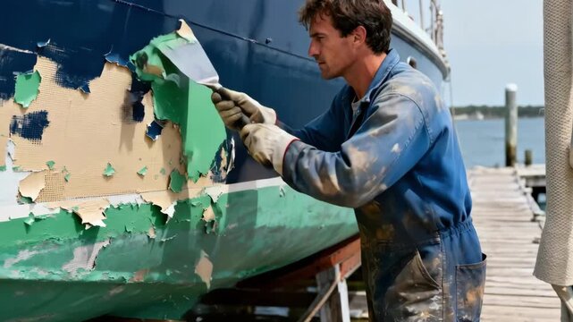 Medium view of a sailor scraping old antifouling paint from a boat hull preparing the surface for new protective layers to prevent marine growth.