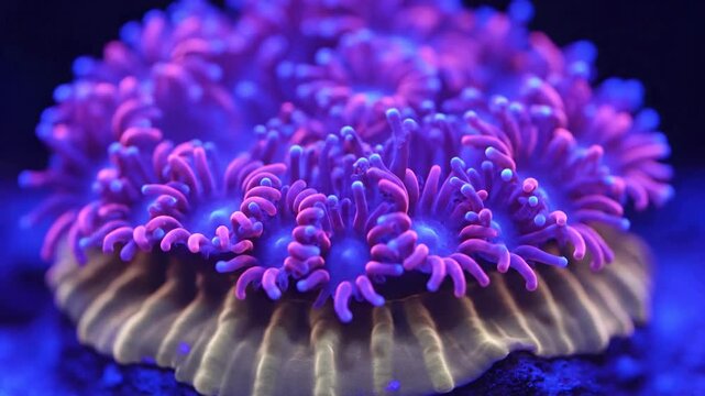 Vibrant pink and blue coral polyp colony in macro close-up underwater with reef. Beautiful coral reef life.