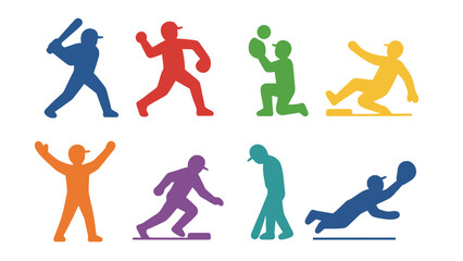 Baseball player vector icons in different colors and poses