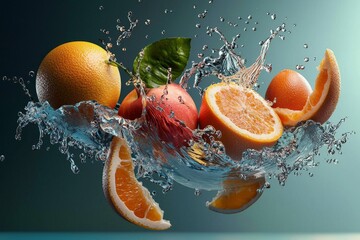 Vibrant and hyper-realistic floating fruits create a stunning visual.