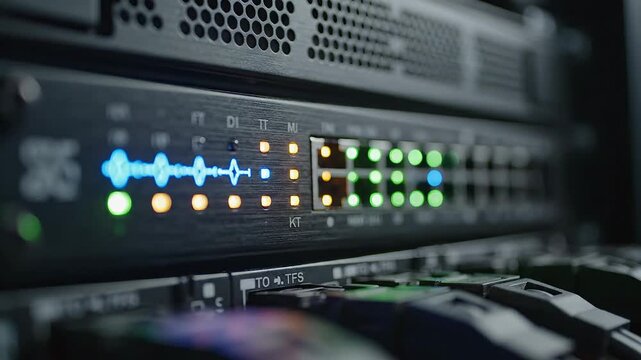 A detailed close-up of a sophisticated network switch or router, prominently displaying an array of blinking LED indicator lights and multiple active ports, symbolizing robust data transmission, high.
