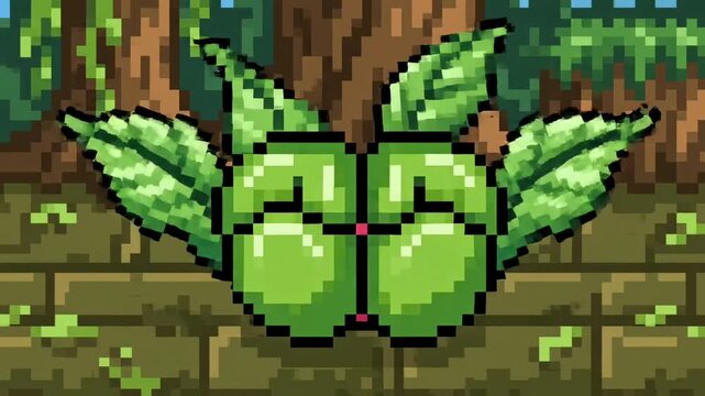 Pixel art illustration of a green clover with leaves in a forest setting.