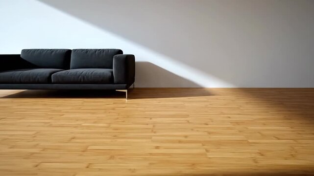 Modern living room with a black sofa, wood floor and bright light beam, minimalist design, contemporary furniture, interior architecture, home interior