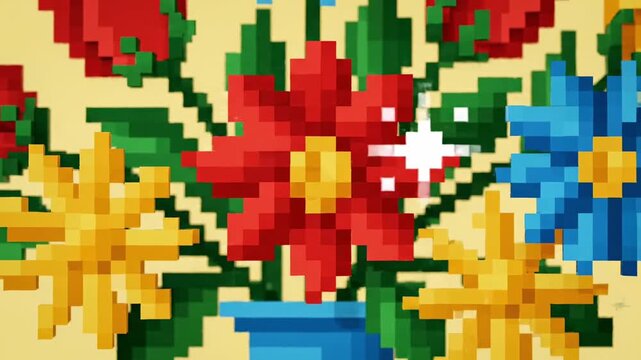 Vibrant Pixel Art Floral Arrangement in a Blue Vase.