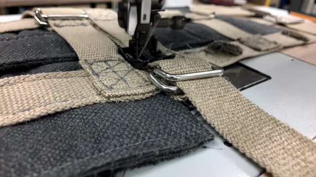 Closeup of heavy canvas sewing straps being stitched highlighting durable textile components used for protecting industrial machinery and equipment from wear and tear.