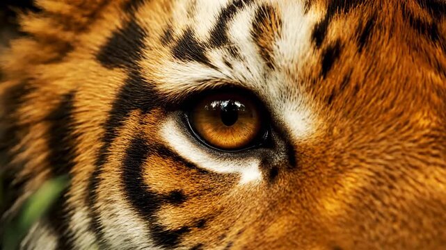 Striking close-up of a tiger's eye, showcasing its majestic orange fur and intricate pattern detail. Captivating animal portrait with stunning wildlife close-up.