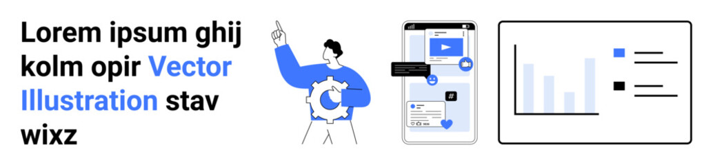Digital marketing, app interfaces, analytics, business solutions, data tracking, online services. A person pointing at an app and analytics dashboard. Digital marketing and app interfaces concept