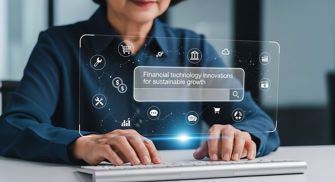 Woman Typing on Keyboard with Futuristic Digital Interface Overlay.