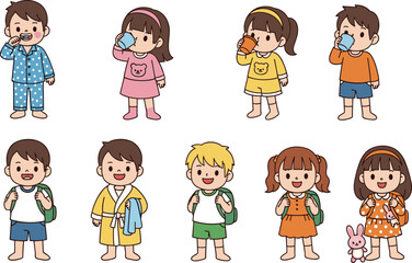 Collection of cute cartoon children illustrations featuring kids brushing teeth drinking water wearing bathrobes and carrying backpacks isolated on white background for vector.