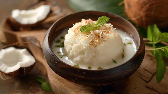 Creamy white tapioca pudding crowned with toasted coconut flakes and a fresh mint sprig.