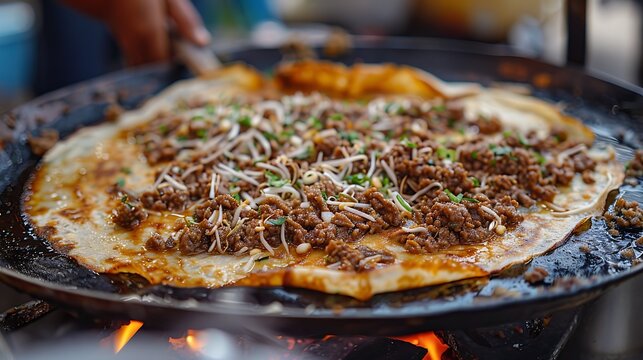 Savory ground meat crepe cooks on a large black griddle over open flames outdoors.