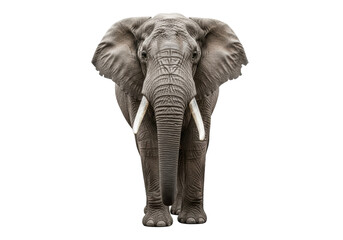 Naklejka premium a majestic african bush elephant, full-length, with thick grey wrinkled skin and massive tusks, stares intensely at the camera on a transparent studio background. Concept of wild nature authority