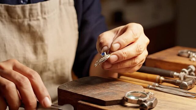 A highly skilled artisans hands are meticulously engaged in the intricate process of crafting a delicate piece of jewelry, showcasing exceptional precision and unwavering dedication within the authen.
