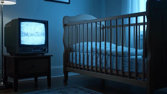 Creepy baby crib in dark room with old TV showing static noise for scary concept.