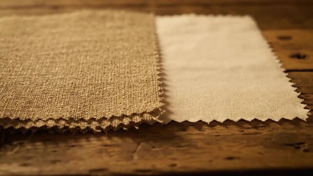 Fabric swatches of burlap and white cloth textures on rustic wooden surface.