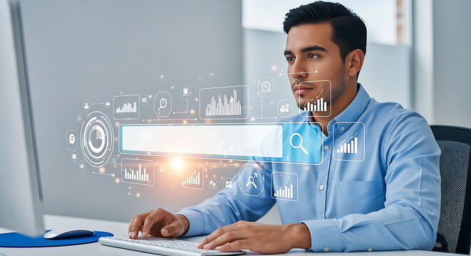 Young man working on computer with search bar and data visualization.