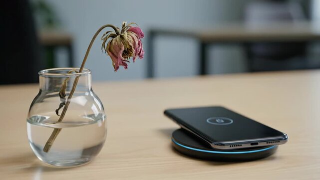 Wilting flower in vase next to mobile phone on wireless charger symbolizes technology, death, and impermanence.