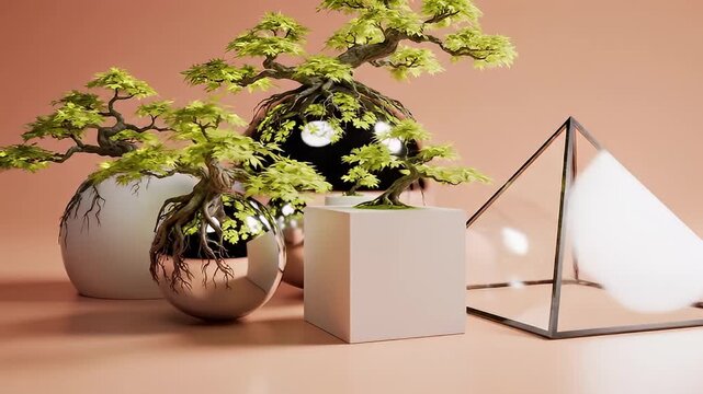 Bonsai trees in decorative planters indoors.