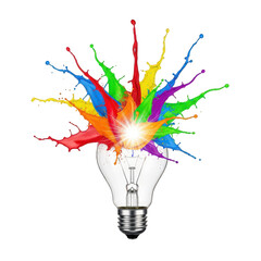 Creative idea represented by a lightbulb with colorful paint splashes isolated on transparent background