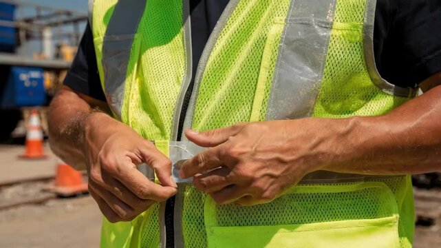 Medium shot capturing segmented reflective tape being attached to a construction vest focusing on flexibility and highvisibility safety features in outdoor work gear.