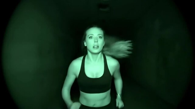 Young woman running in dark hallway with night vision effect. Evading pursuit in dark building. Running in fear. Green night vision, running. Horror concept.