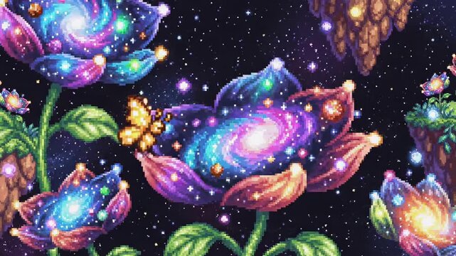 Vibrant Cosmic Flowers with Butterfly in Starry Night Sky.