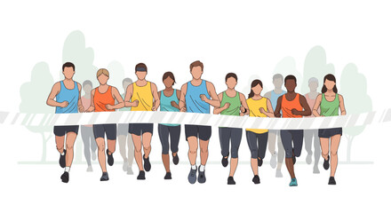 Obraz premium Diverse group of runners wearing colorful athletic wear cross finish line in illustration