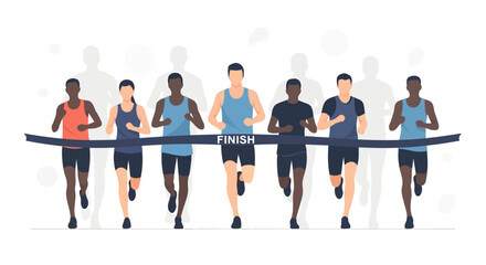 Obraz premium Runners of diverse ethnicities cross finish line in competitive race event