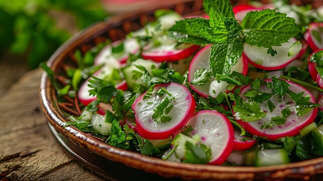 Vibrant radish and mint salad with fresh herbs sits in an earthy brown bowl.