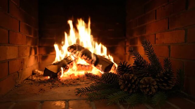 Cozy fireplace with burning logs and pine cones evokes warm holiday atmosphere.