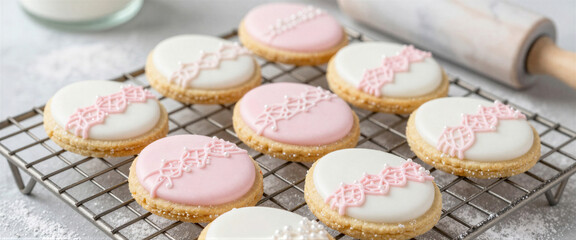 Delicate pink and white decorated sugar cookies with royal icing and pearl details cooling on a wire rack for a sweet celebration concept and homemade pastry art