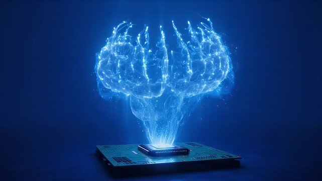 Futuristic representation of artificial intelligence with digital brain over CPU chip