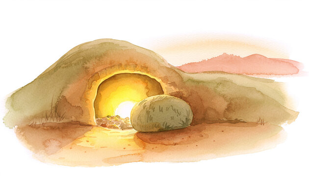 empty tomb Jesus resurrection Christian Easter watercolor illustration