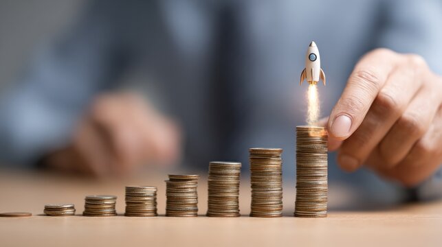 A hand holding a rocket above a stack of coins on a table.