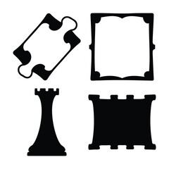 Collection of abstract black and white vector shapes including puzzle piece, frame, and chess rooks © Muntahaart