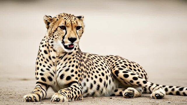 Cheetah resting on sandy ground.