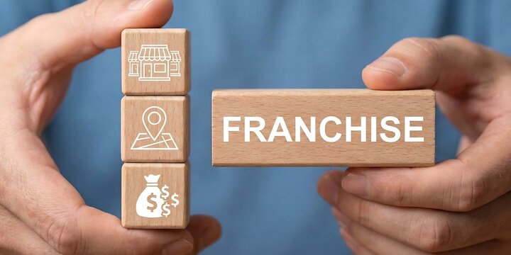 Man holding wooden blocks sees word: FRANCHISE. Franchise business concept. Franchise network business marketing plan. Successful business franchising model and marketing strategies. new
