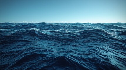 Wide shot of a blue ocean with waves under a clear, bright sky