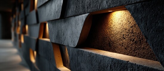 Modern concrete wall with geometric cutouts lit by warm lights