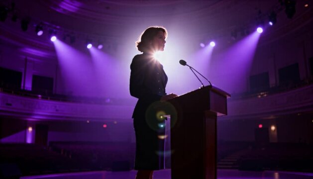 silhouette of a woman standing behind a podium with purple stage lights perfect for international women's day