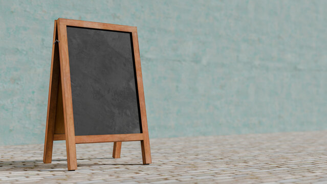 Wooden chalkboard for business messages located on the street, used for commerce and promotion, 3D horizontal image