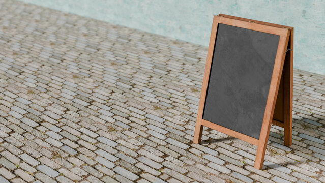 Street scene of a chalkboard used by local businesses to promote products, 3D horizontal image